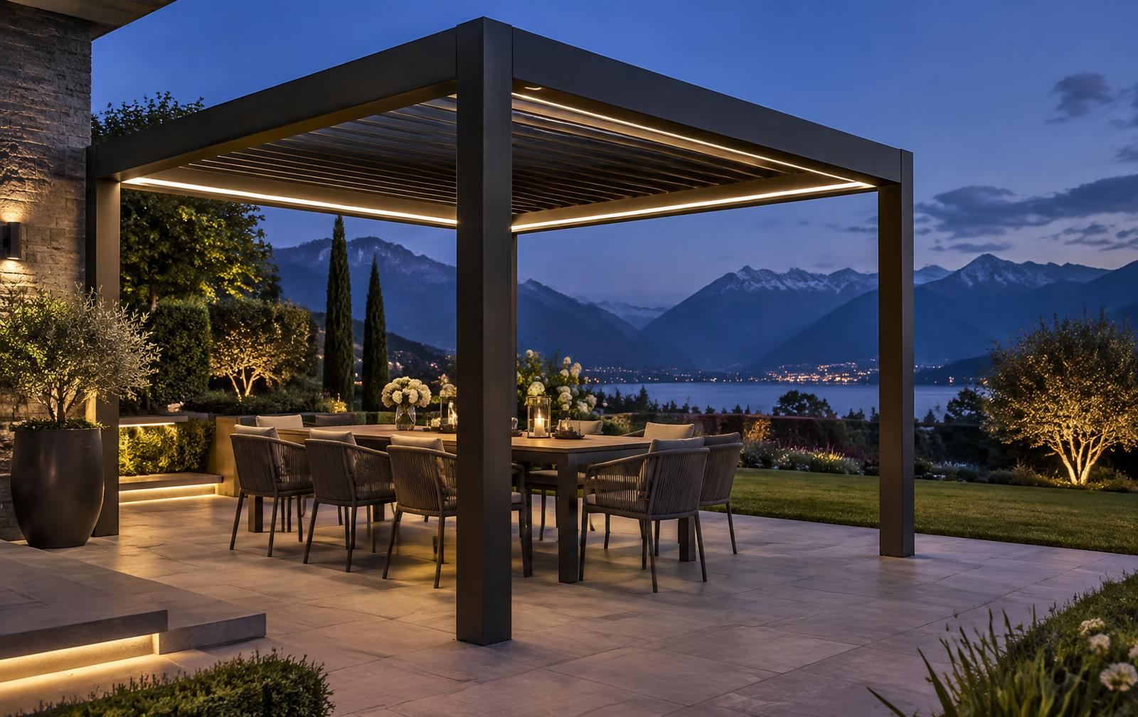 Beleuchtete freistehende Arrigato AERA Pergola mit gedecktem Tisch in Abendstimmung